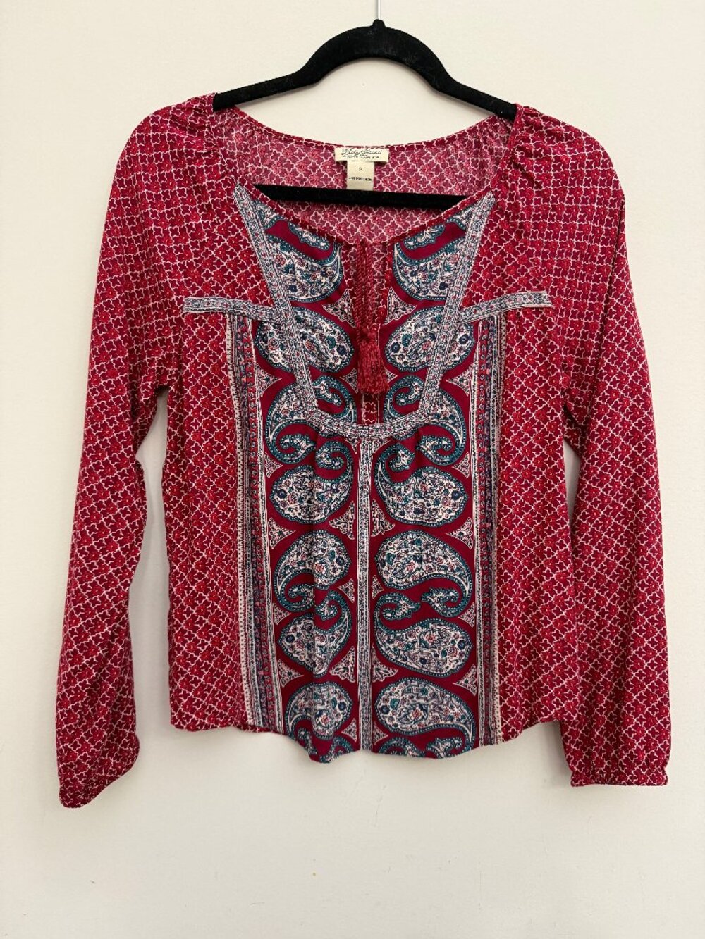 Red Paisley Long Sleeve Shirt Drawstring Front - Lucky Brand Size Small